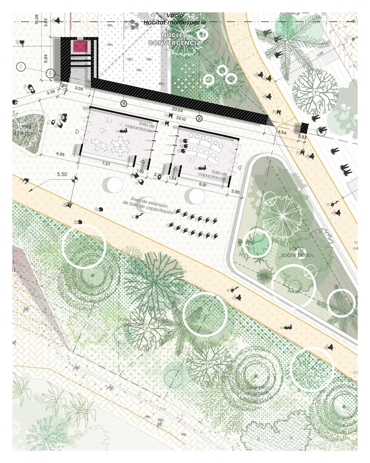 Riverside landscape plan with pale green planting and a black building block