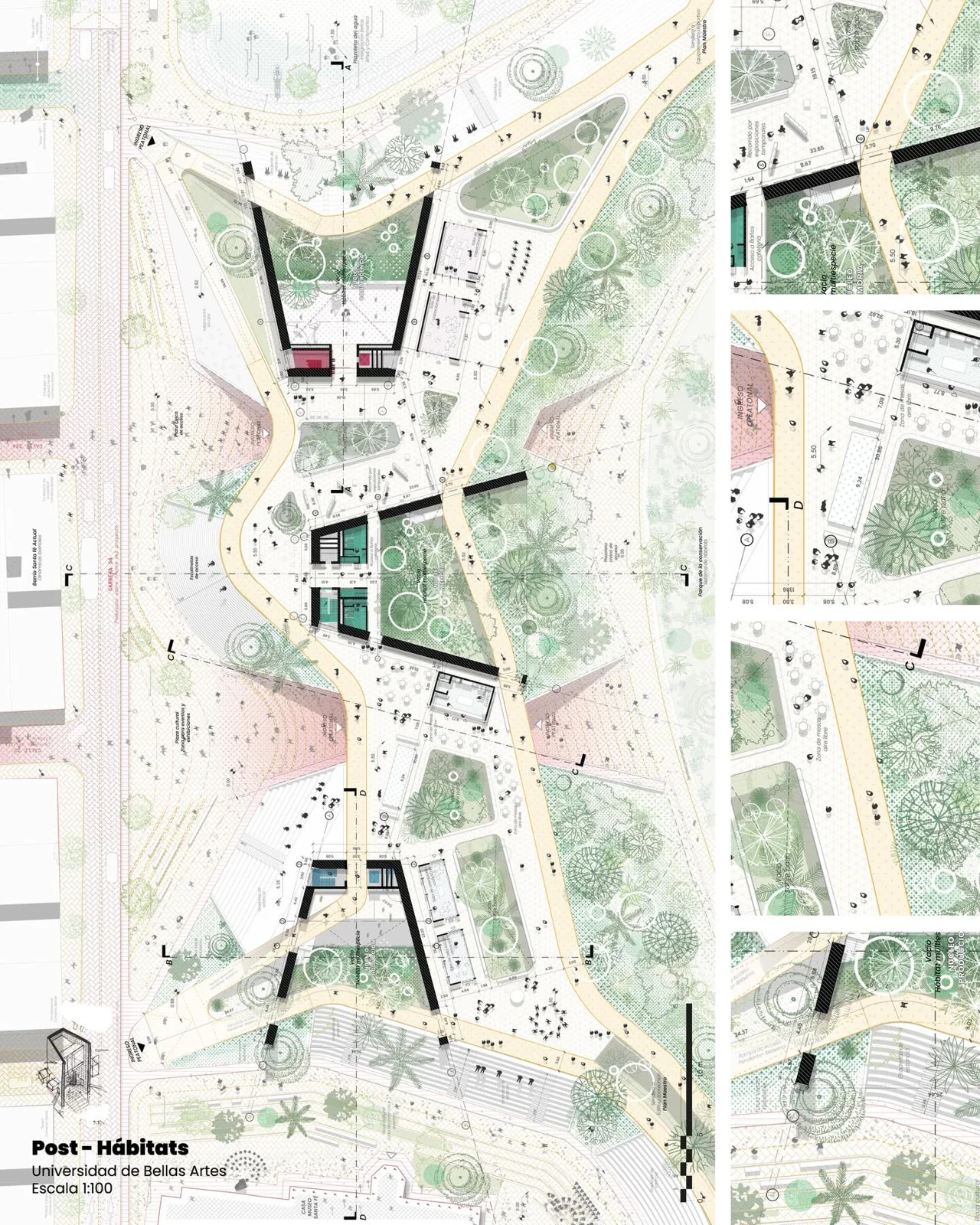 Roof plan labeled post habitats with black building forms in a green plan, organizing plazas and green space