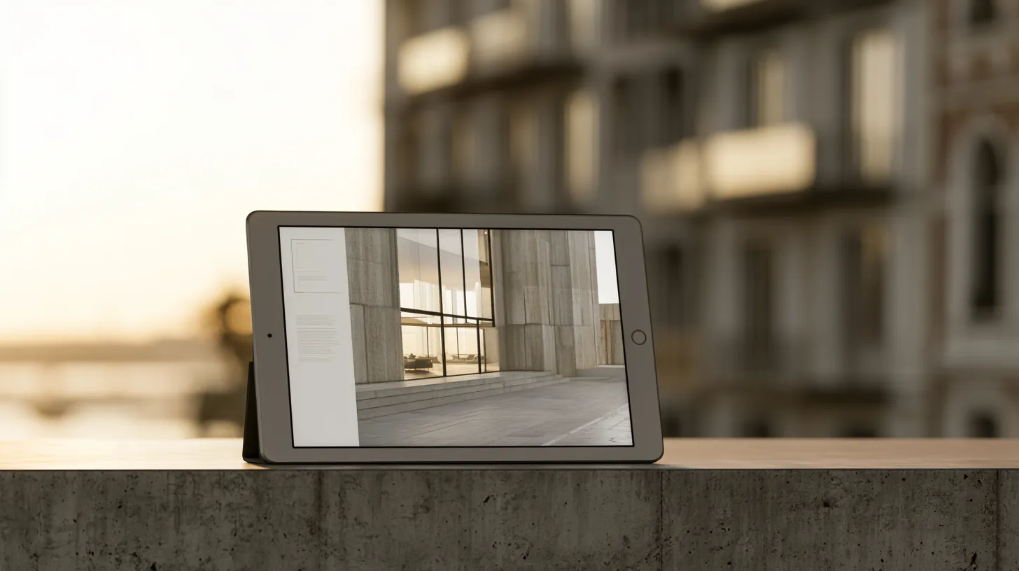 iPad leaning on a concrete ledge showing an interior render slide at sunset