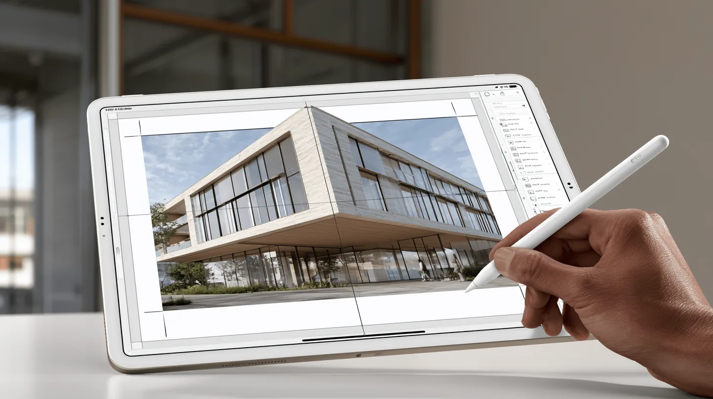 Hand marking up a building render on an iPad with an Apple Pencil during a presentation