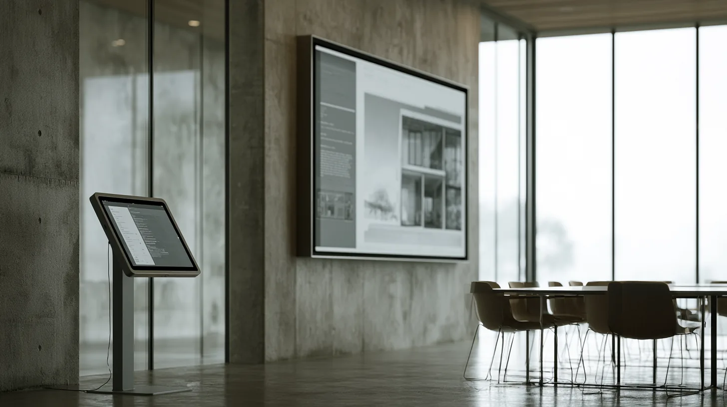 Concrete meeting room with a presentation of a house on a wall screen and a tablet on a stand