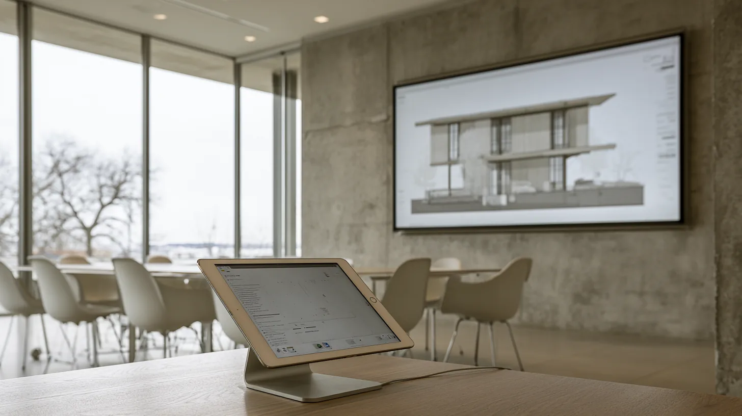 iPad on a desk stand mirroring an elevation slide to a large screen in a concrete conference room