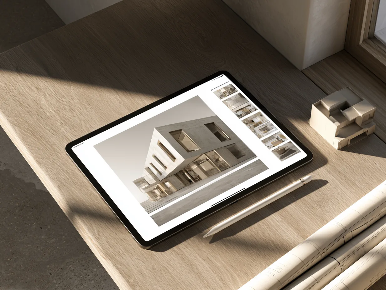 iPad on a timber desk showing a presentation slide of a white building, with Apple Pencil and a massing model