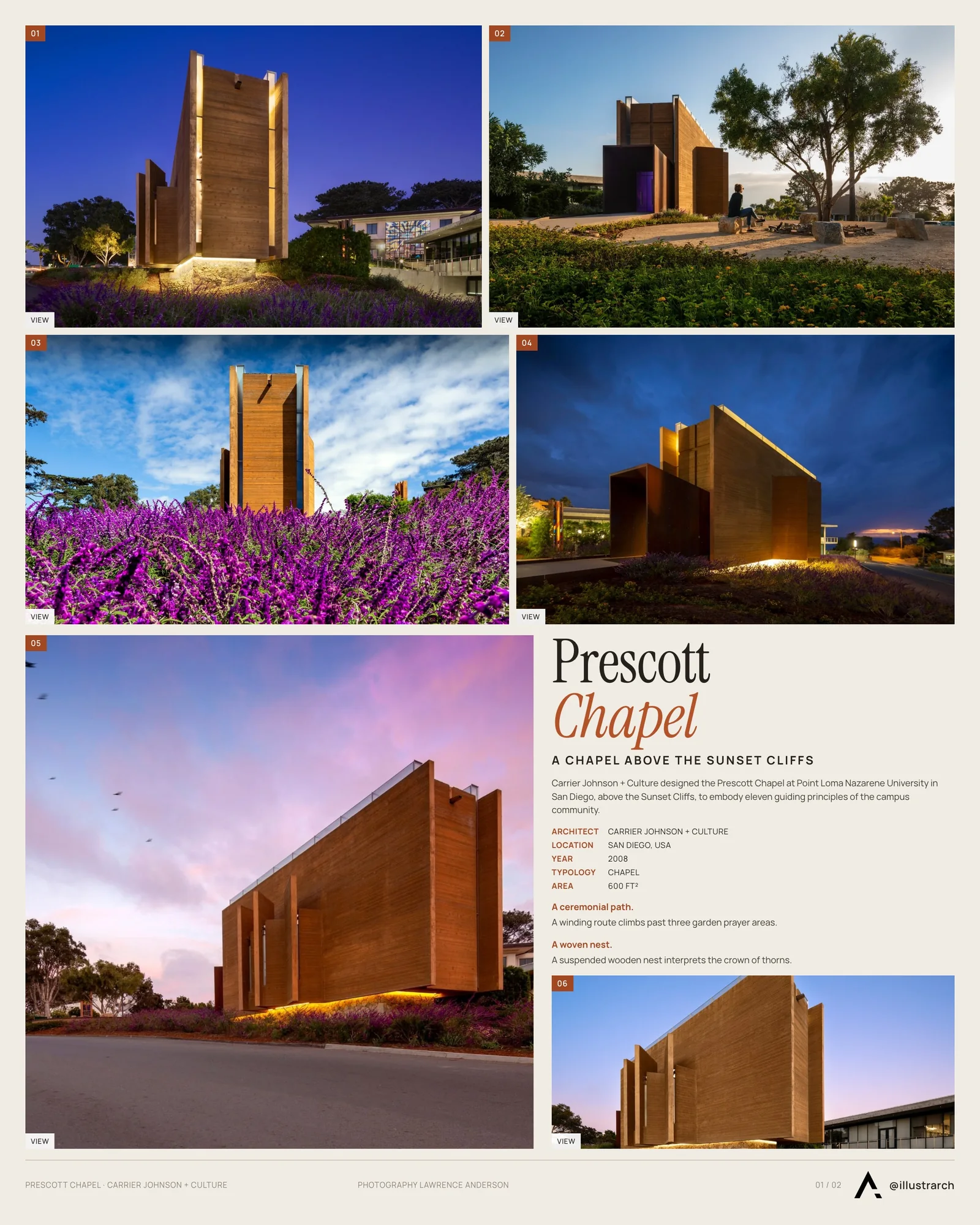Presentation board cover for Point Loma Nazarene University Prescott Chapel by Carrier Johnson + Culture, with the lead image, project summary and a grid of photographs and drawings