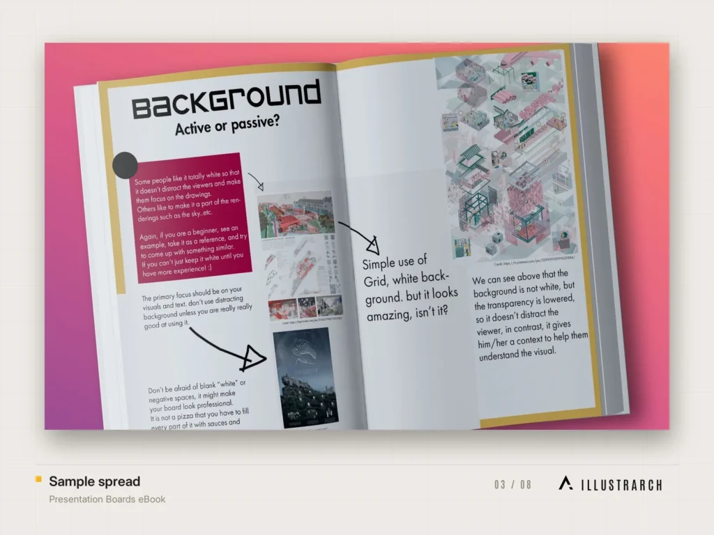 Presentation Boards eBook Architecture Student Guide: sample spread