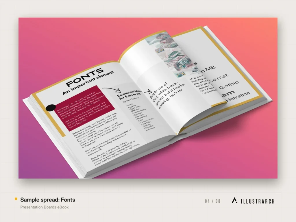Presentation Boards eBook Architecture Student Guide: sample spread fonts