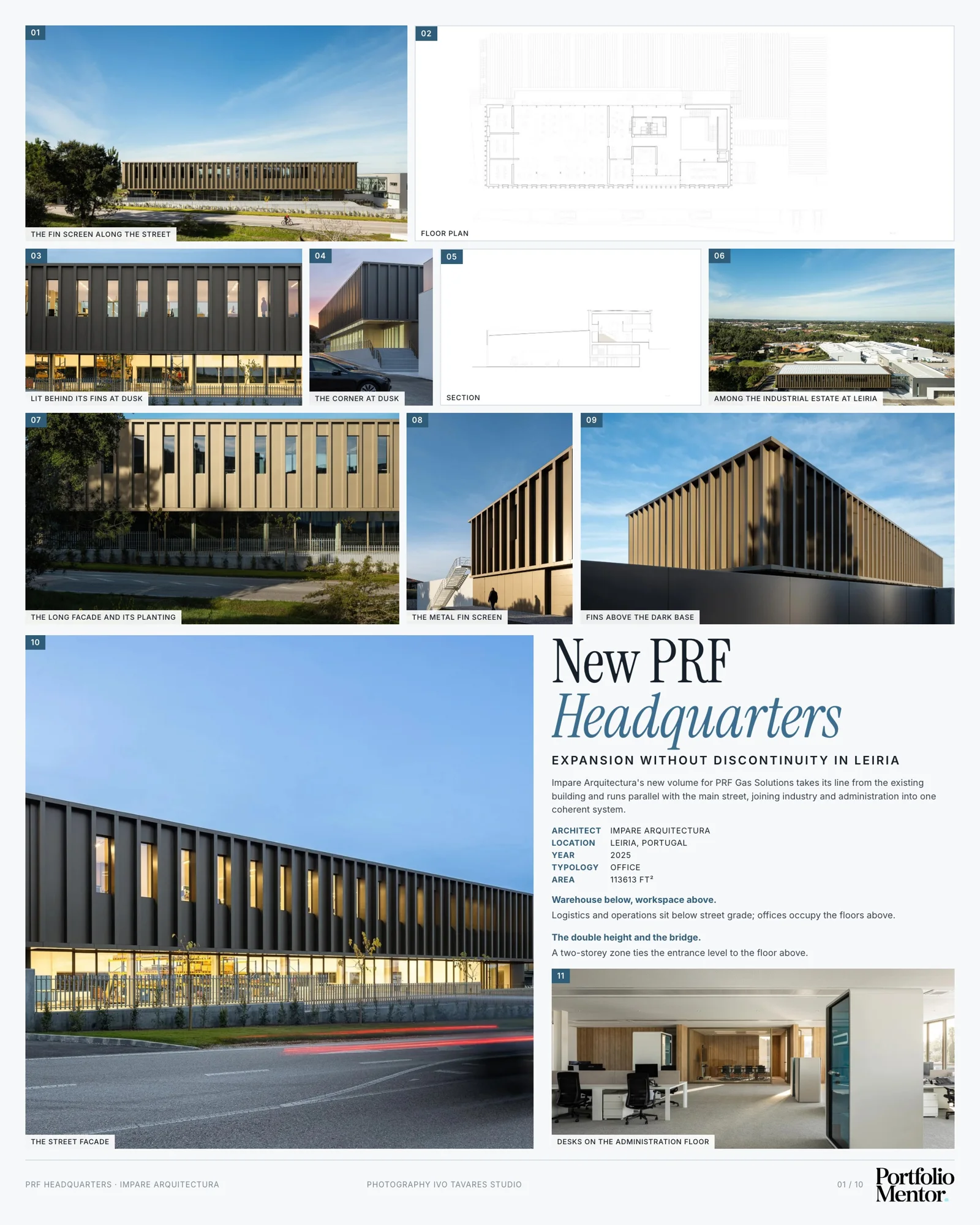 Presentation board cover for PRF Headquarters by Impare Arquitectura, with the lead image, project summary and a grid of photographs and drawings