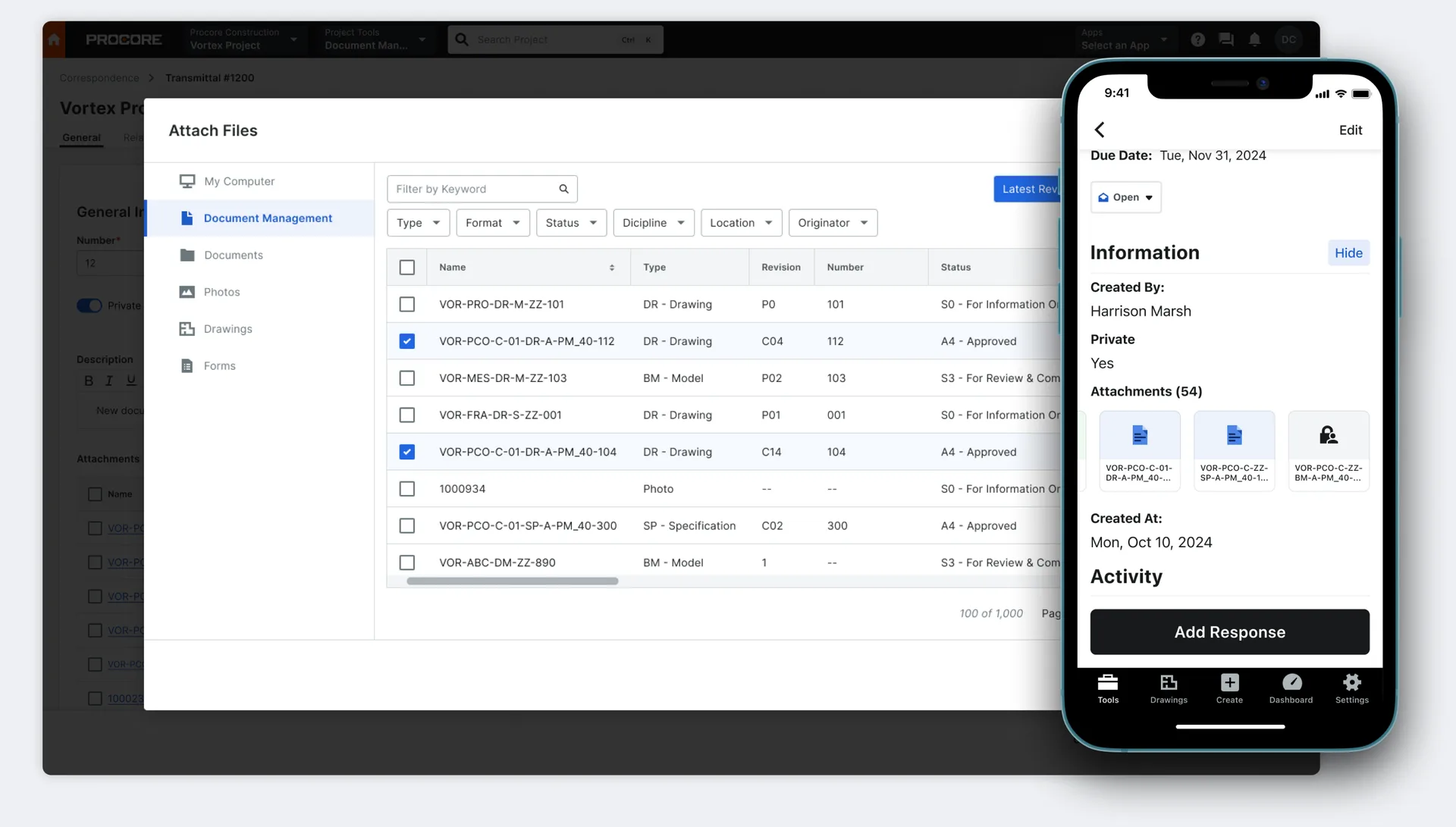 Procore document management attaching drawing revisions to a transmittal, with the same record open on a phone