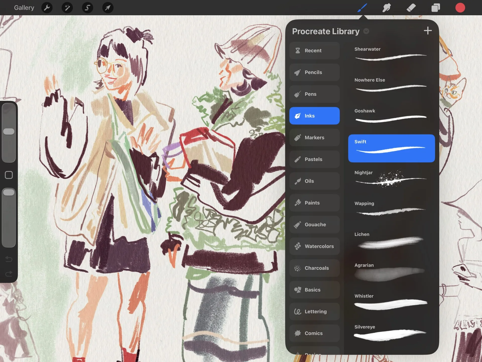 Procreate Library brush panel open over a colorful ink sketch of two figures