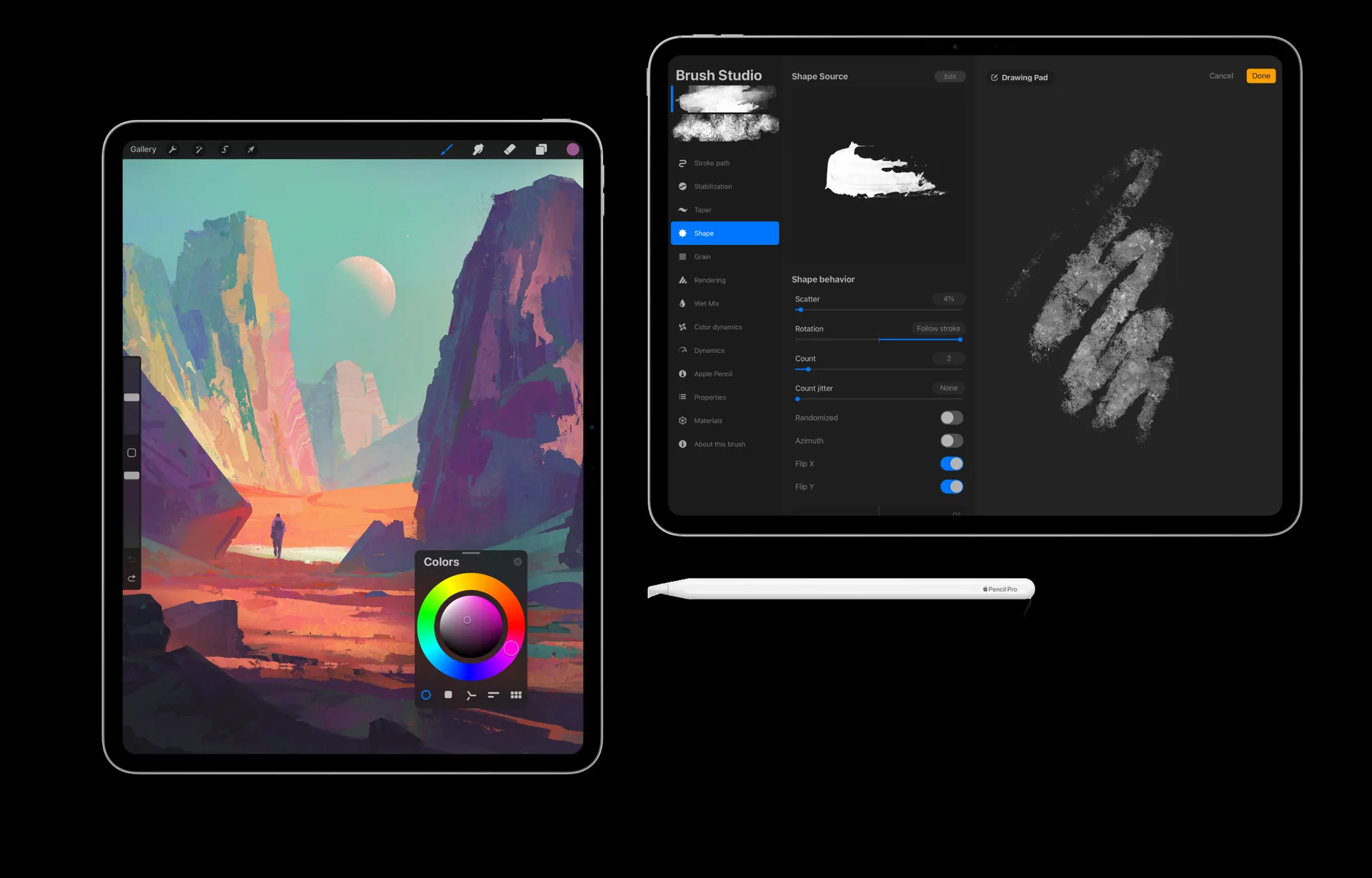 Procreate on two iPads, a painted canyon scene with the color wheel and the Brush Studio settings