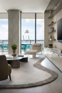 Cream leather chaise by the window and the curved rug edge beside the custom wall unit, PS Apartment by Nar Design Studio
