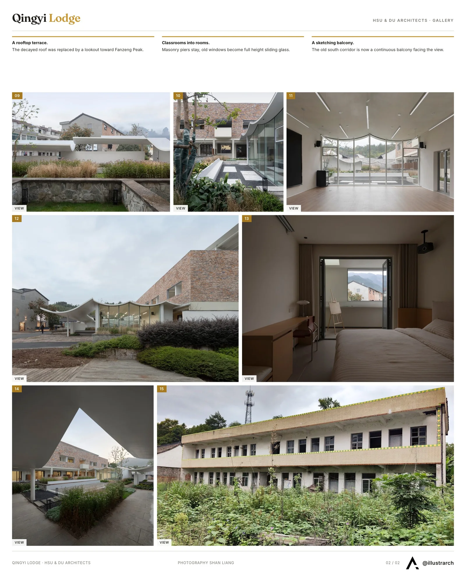 Second presentation board sheet for Qingyi Lodge by Hsu & Du Architects, laying out the project drawings and images on one page