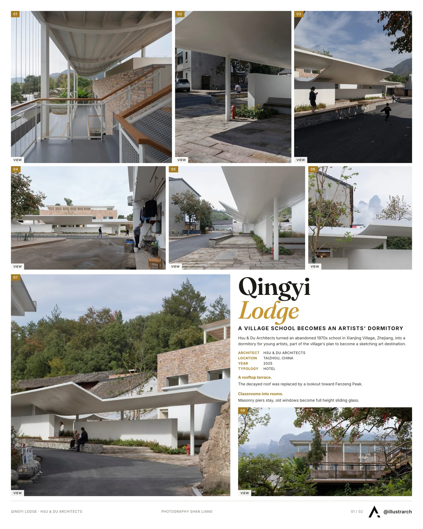 Presentation board cover for Qingyi Lodge by Hsu & Du Architects, with the lead image, project summary and a grid of photographs and drawings