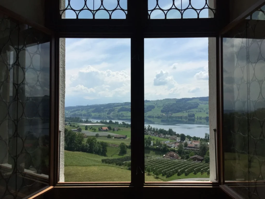 Countryside of vineyards and a lake framed by a tall mullioned window