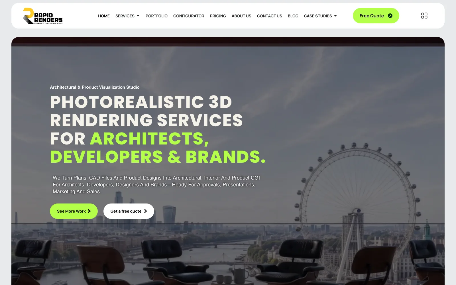 Rapid Renders homepage with a photorealistic 3D rendering services headline over a London skyline render