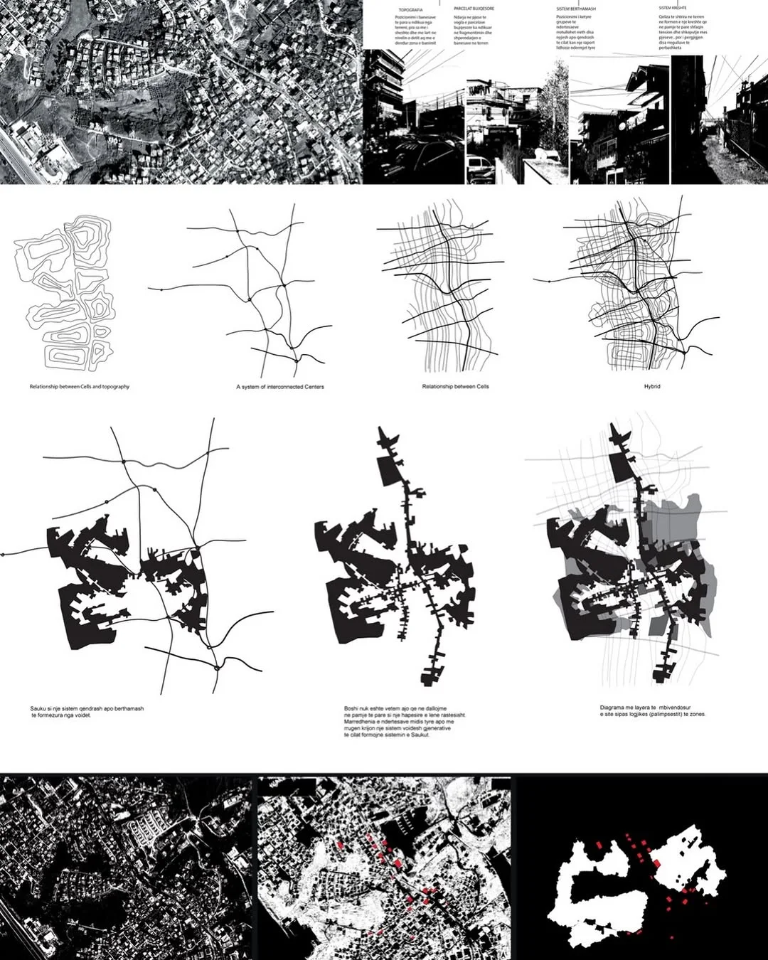 Black and white maps reading a river town through voids and built mass as figure ground studies of urban fabric