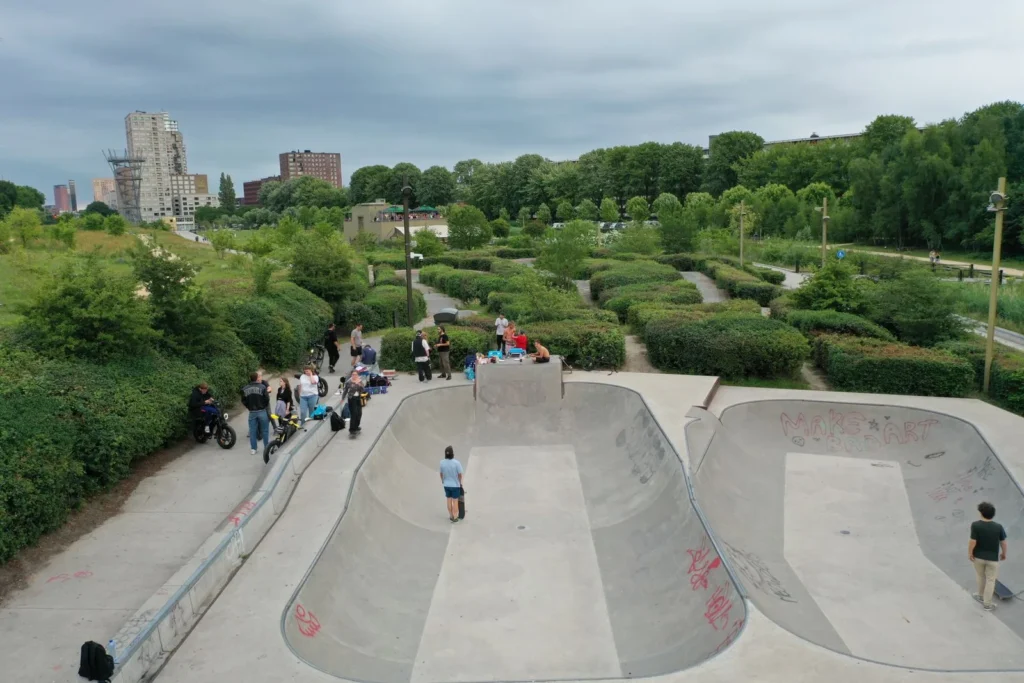 Aerial view of a concrete skate bowl set among planted hedges in a city park, with skaters gathered at the edge