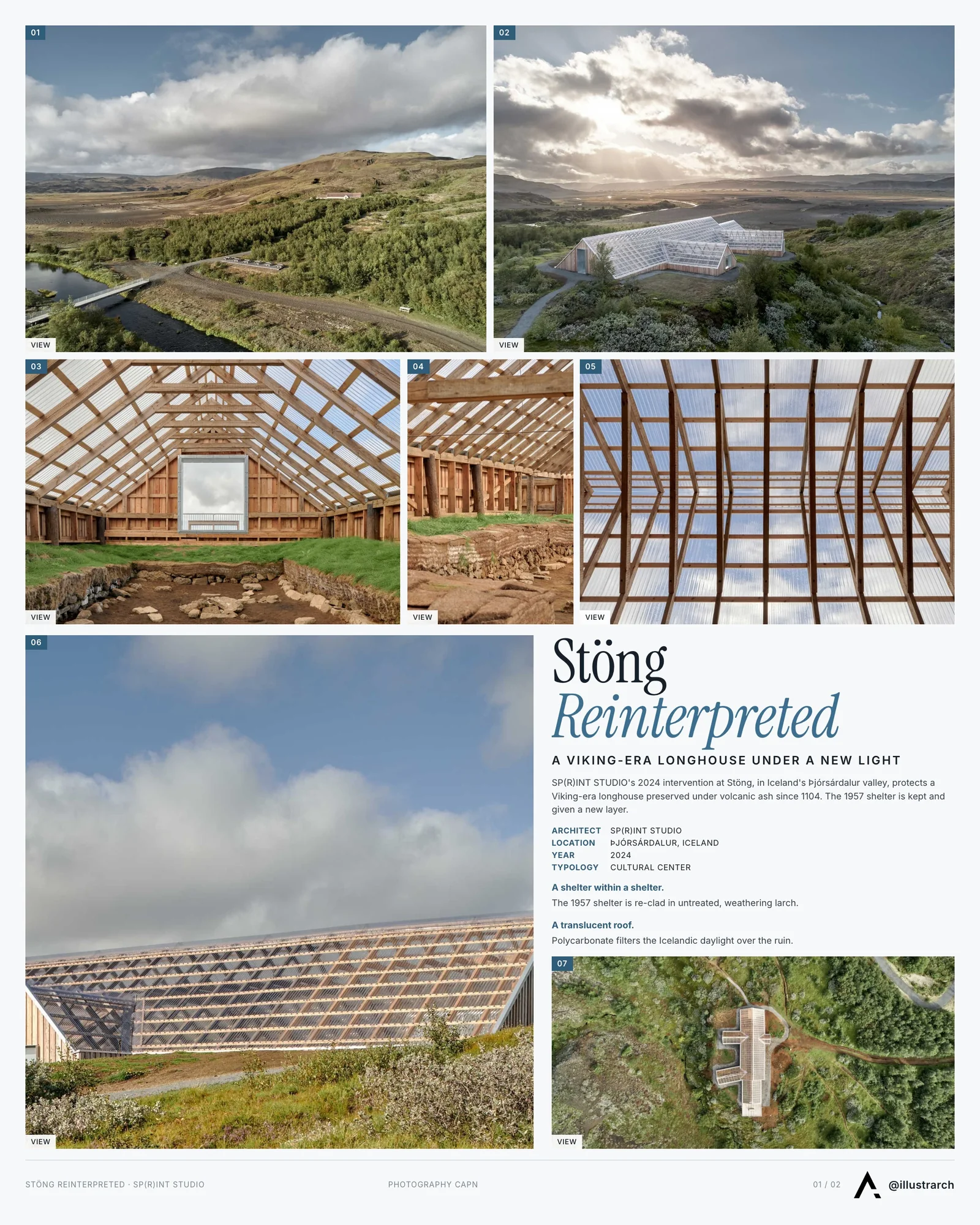 Presentation board cover for The (Re)interpretation of Stöng by SP(R)INT STUDIO, with the lead image, project summary and a grid of photographs and drawings