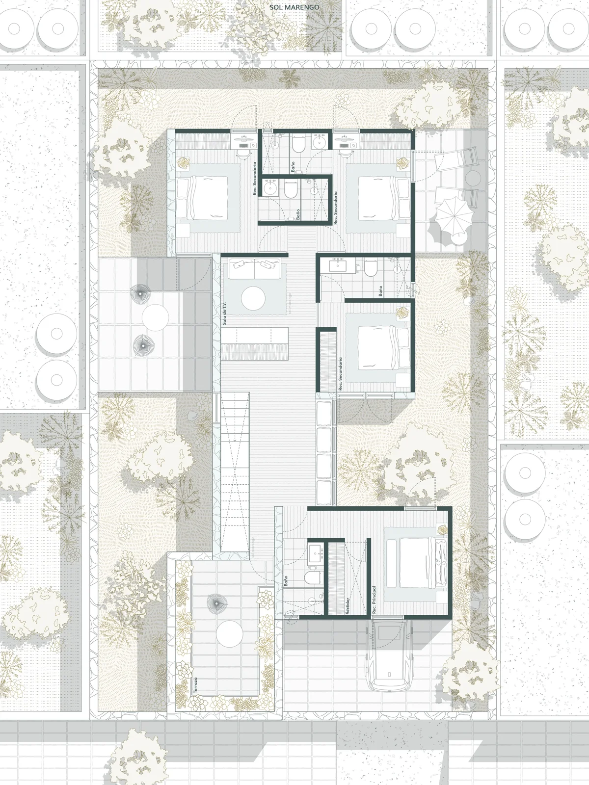 Stacked rendered floor plans of a two story courtyard house with labeled rooms