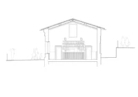 Cross section through the pitched roof with the bar wall and people on the terrace and street