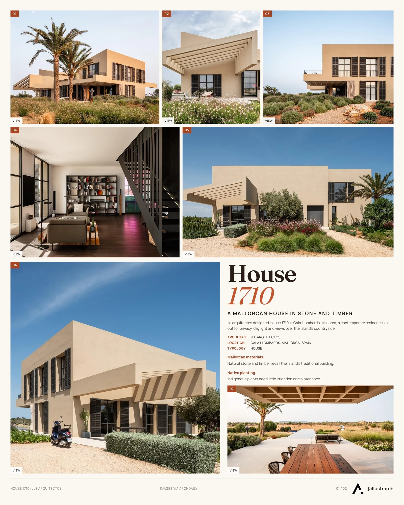 Presentation board cover for Residence 1710: Blending Traditional Mallorcan Charm with Modern Elegance, with the lead image, project summary and a grid of photographs and drawings