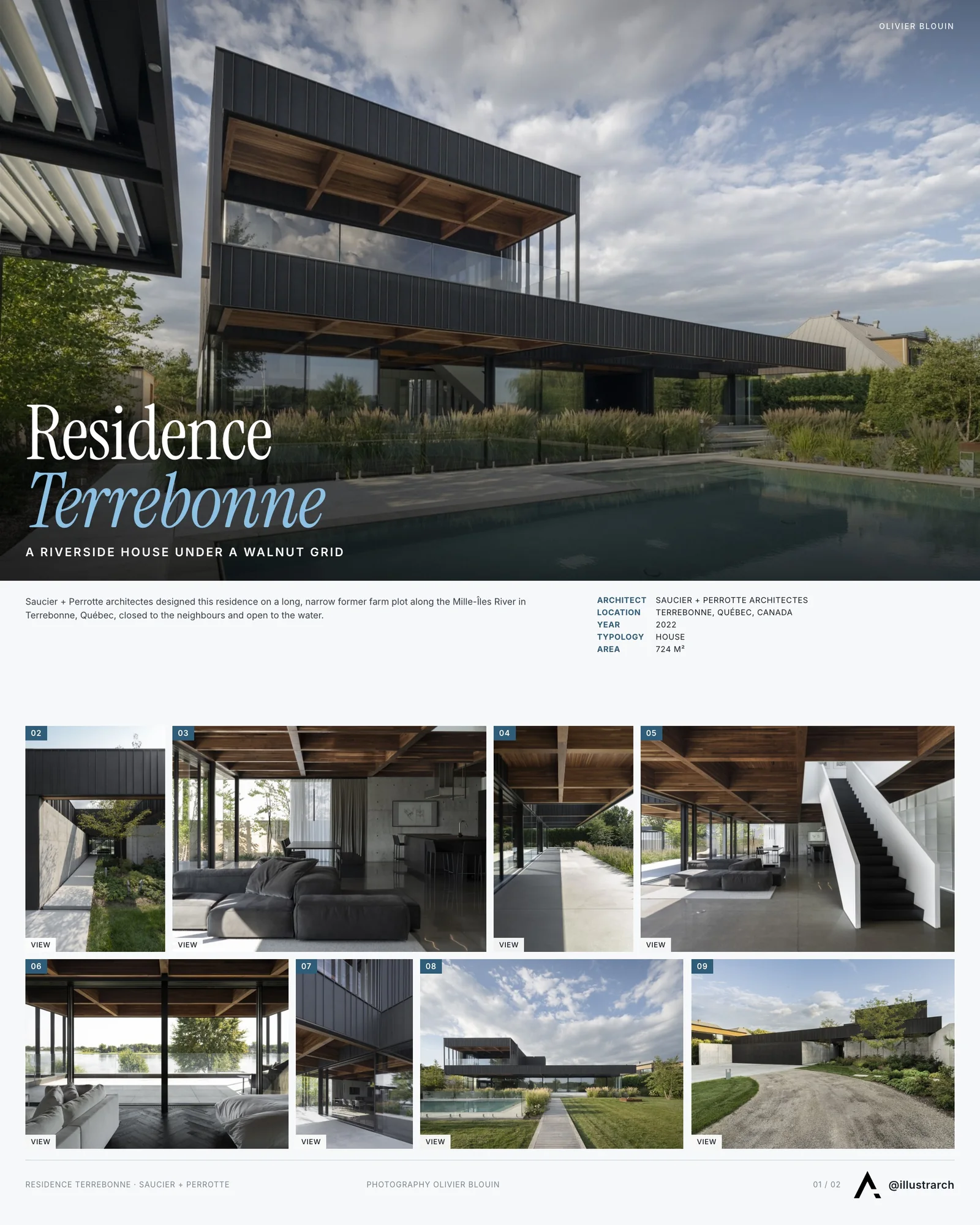 Presentation board cover for Residence Terrebonne by Saucier + Perrotte architectes, with the lead image, project summary and a grid of photographs and drawings
