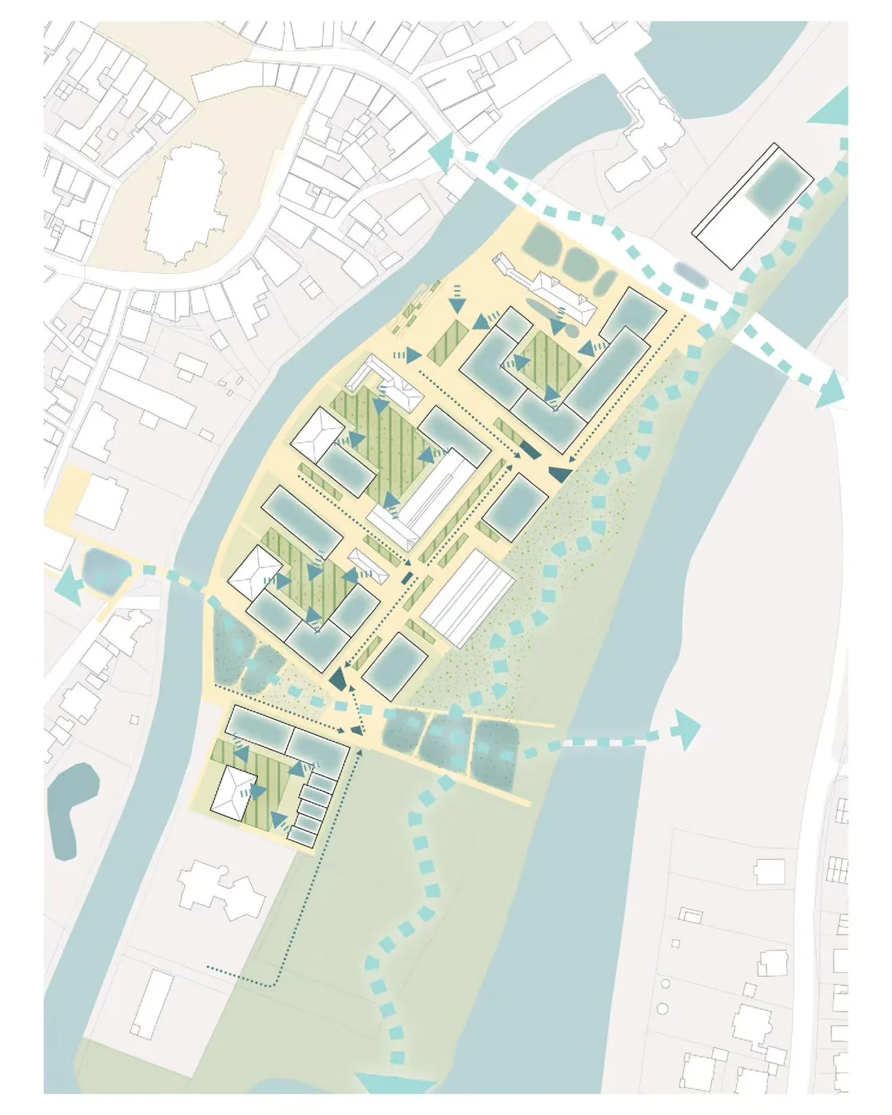 Watercolor aerial masterplan diagram of riverside blocks in teal and yellow zoning colors, along a river with green zoning