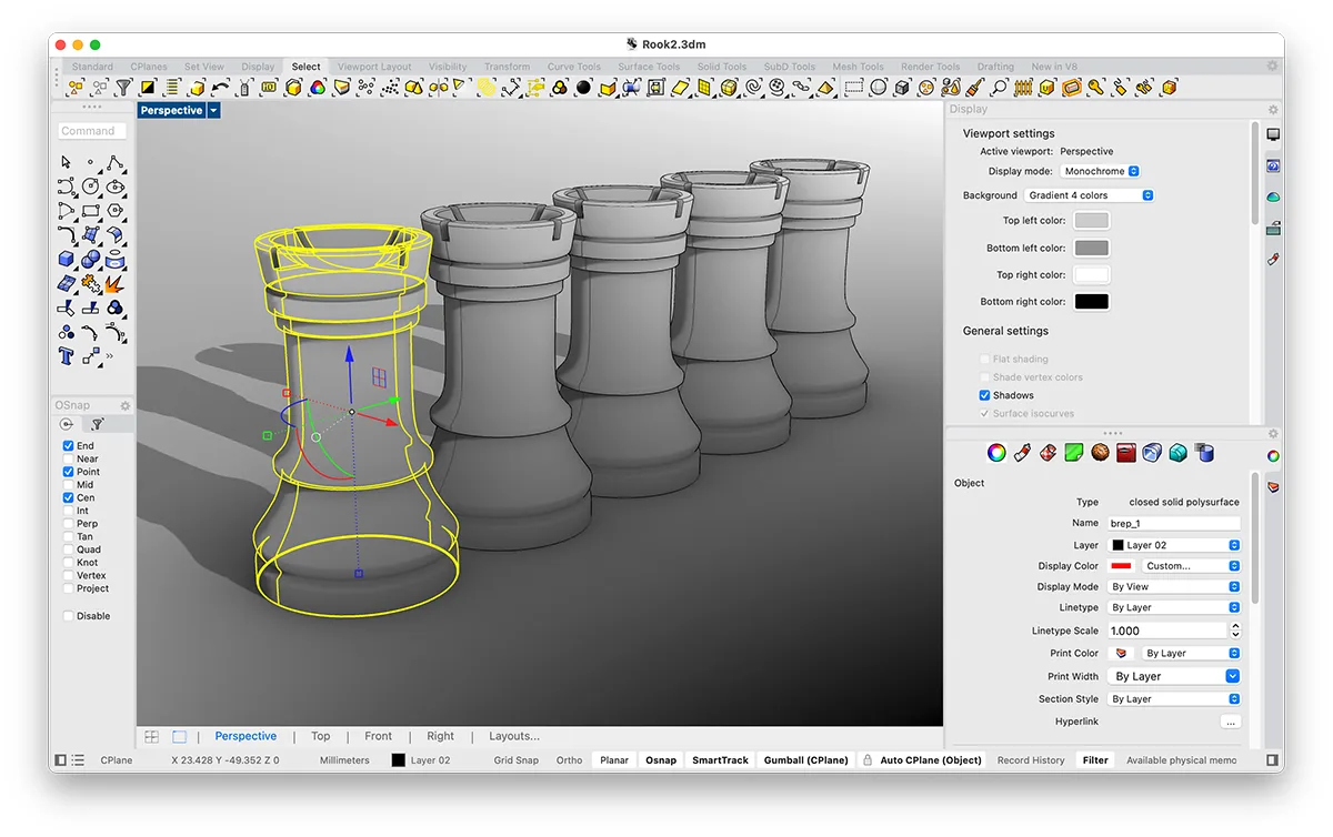 Rhino 8 interface on macOS with a NURBS chess rook selected among four rooks and the properties panel open
