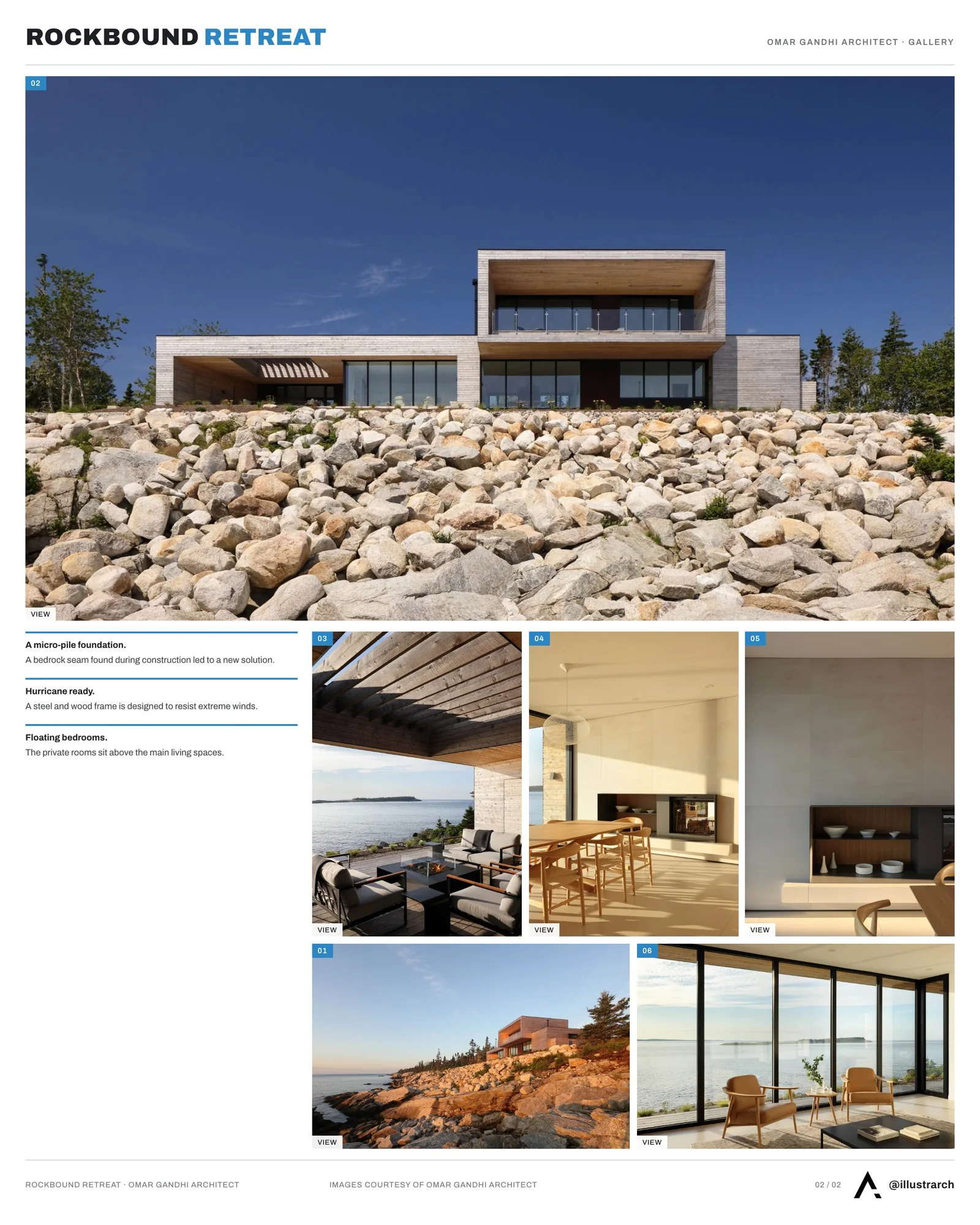 Second presentation board sheet for Rockbound Retreat: An Architectural Symphony with Nature, laying out the project drawings and images on one page