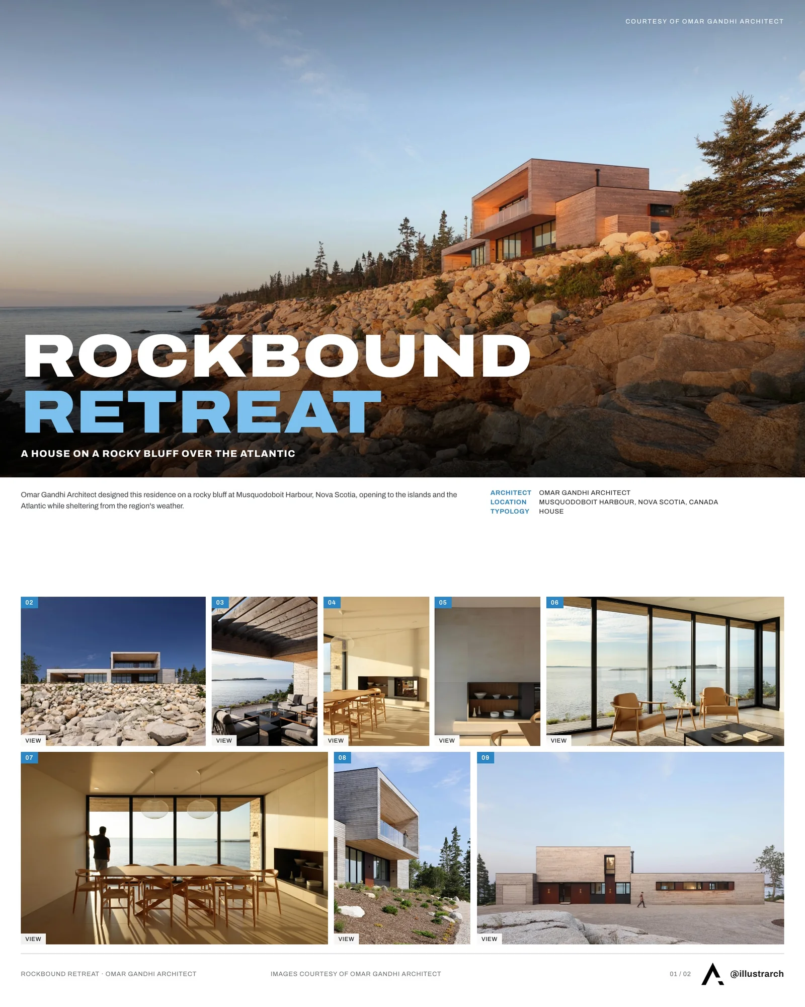 Presentation board cover for Rockbound Retreat: An Architectural Symphony with Nature, with the lead image, project summary and a grid of photographs and drawings