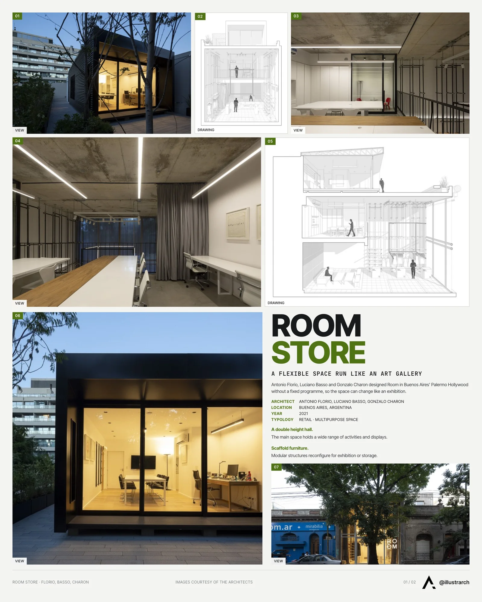 Presentation board cover for Room Store, with the lead image, project summary and a grid of photographs and drawings