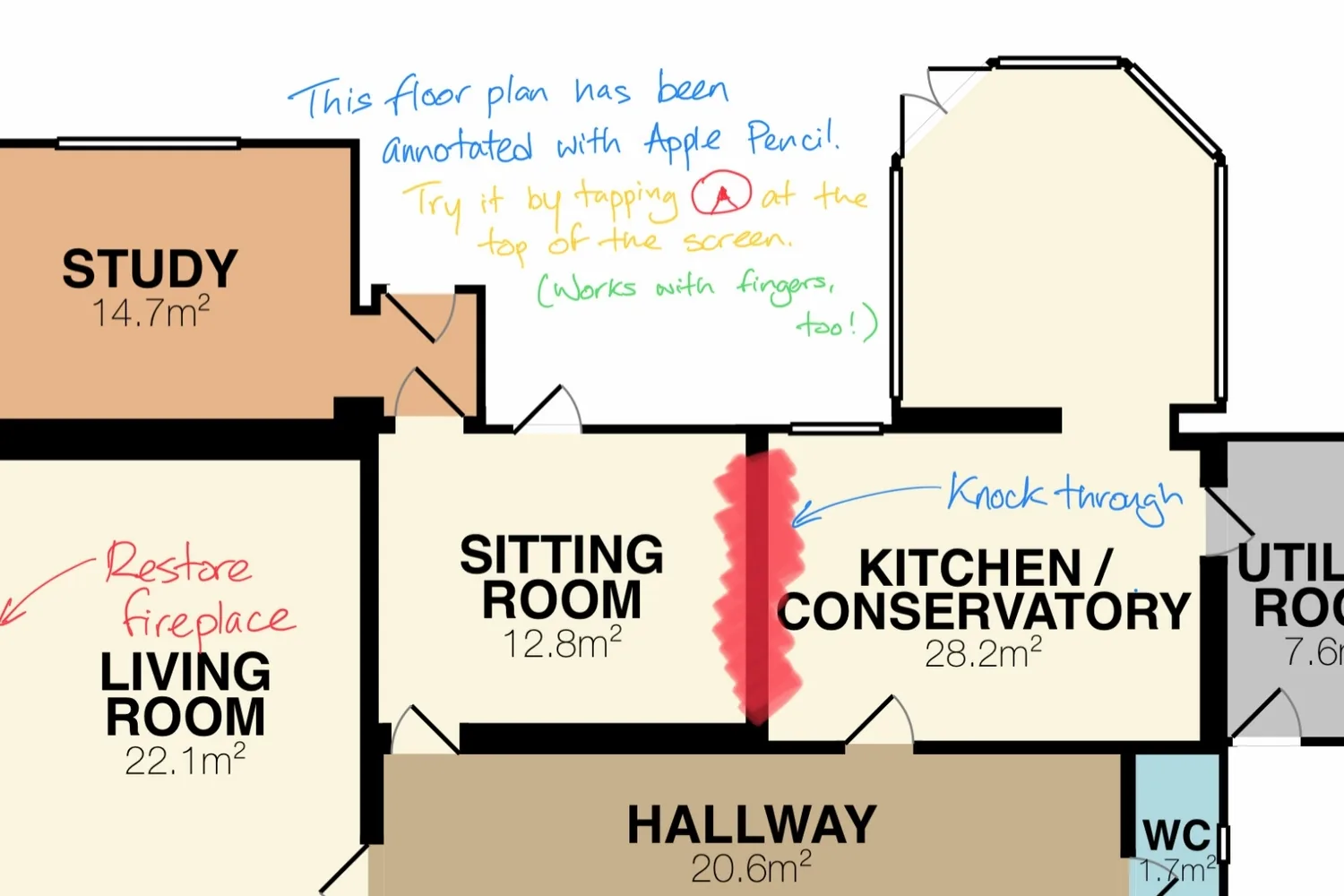 RoomScan Pro floor plan of a ground floor annotated in color with Apple Pencil notes