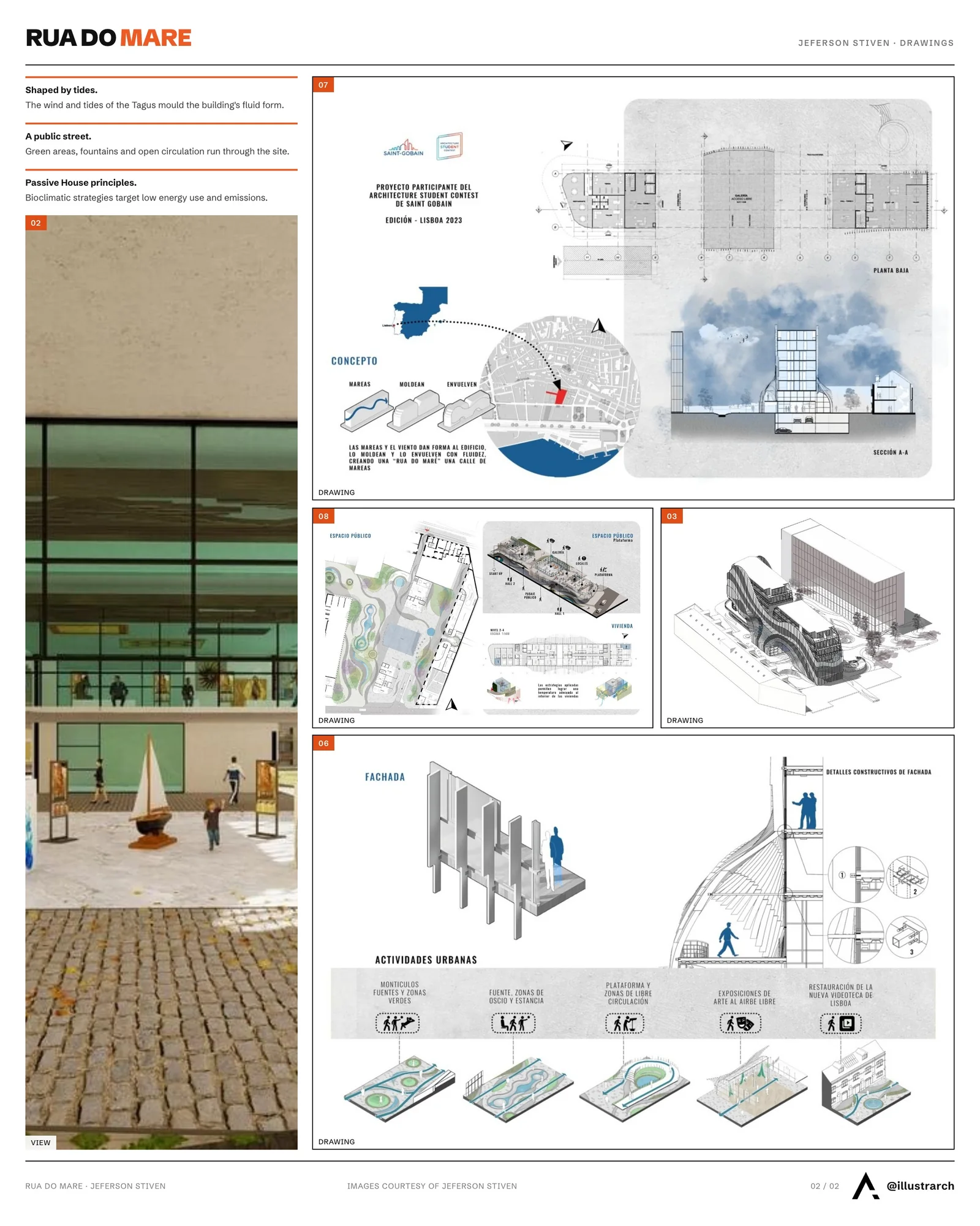 Second presentation board sheet for Rua Do Mare by Jeferson Stiven, laying out the project drawings and images on one page