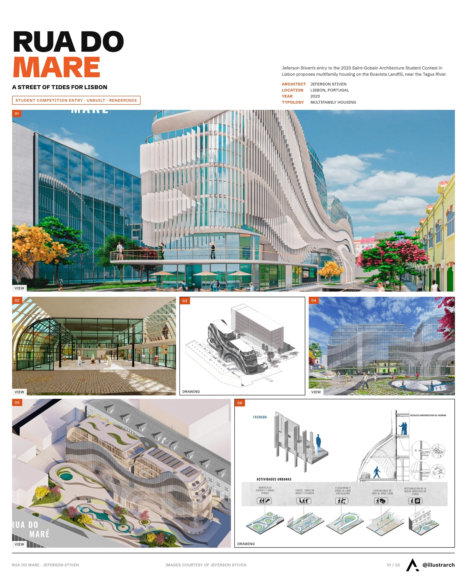 Presentation board cover for Rua Do Mare by Jeferson Stiven, with the lead image, project summary and a grid of photographs and drawings