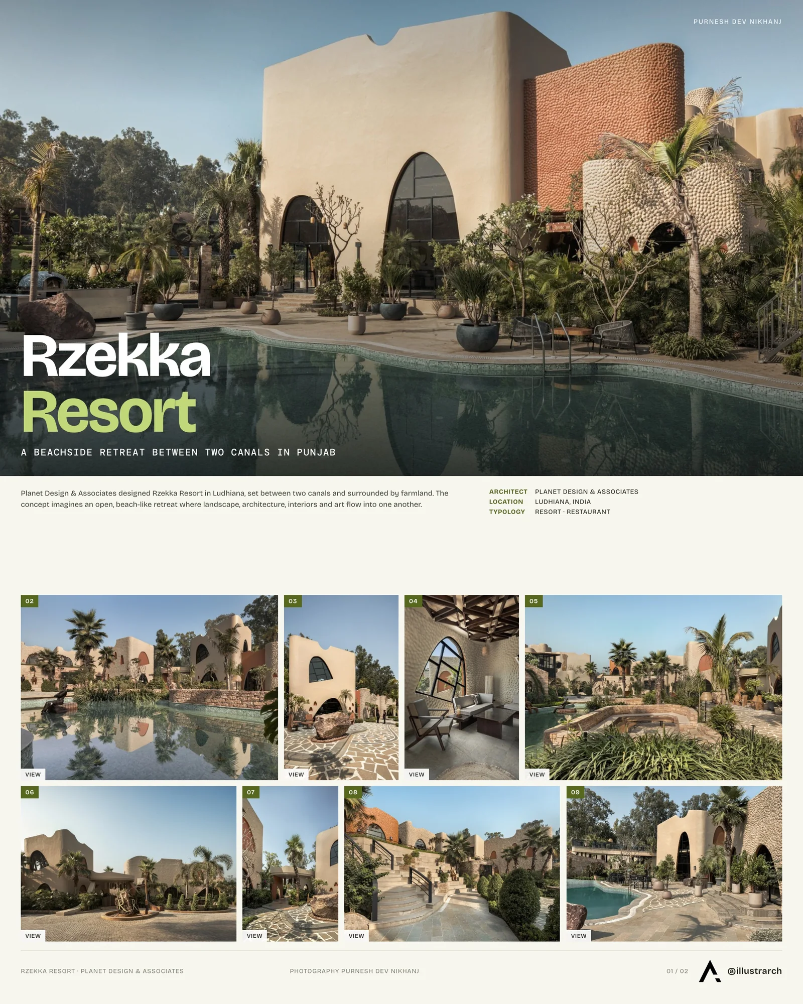 Presentation board cover for Rzekka Resort: Ludhiana's Exotic Culinary and Architectural Gem Amidst Verdant Punjab, with the lead image, project summary and a grid of photographs and drawings