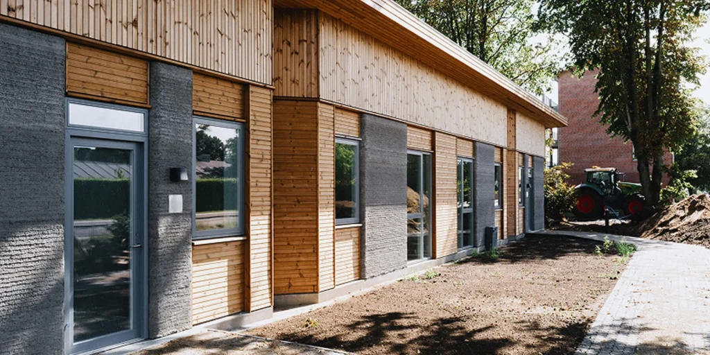 Row of Skovsporet student apartments where grey printed concrete wall sections alternate with timber cladding