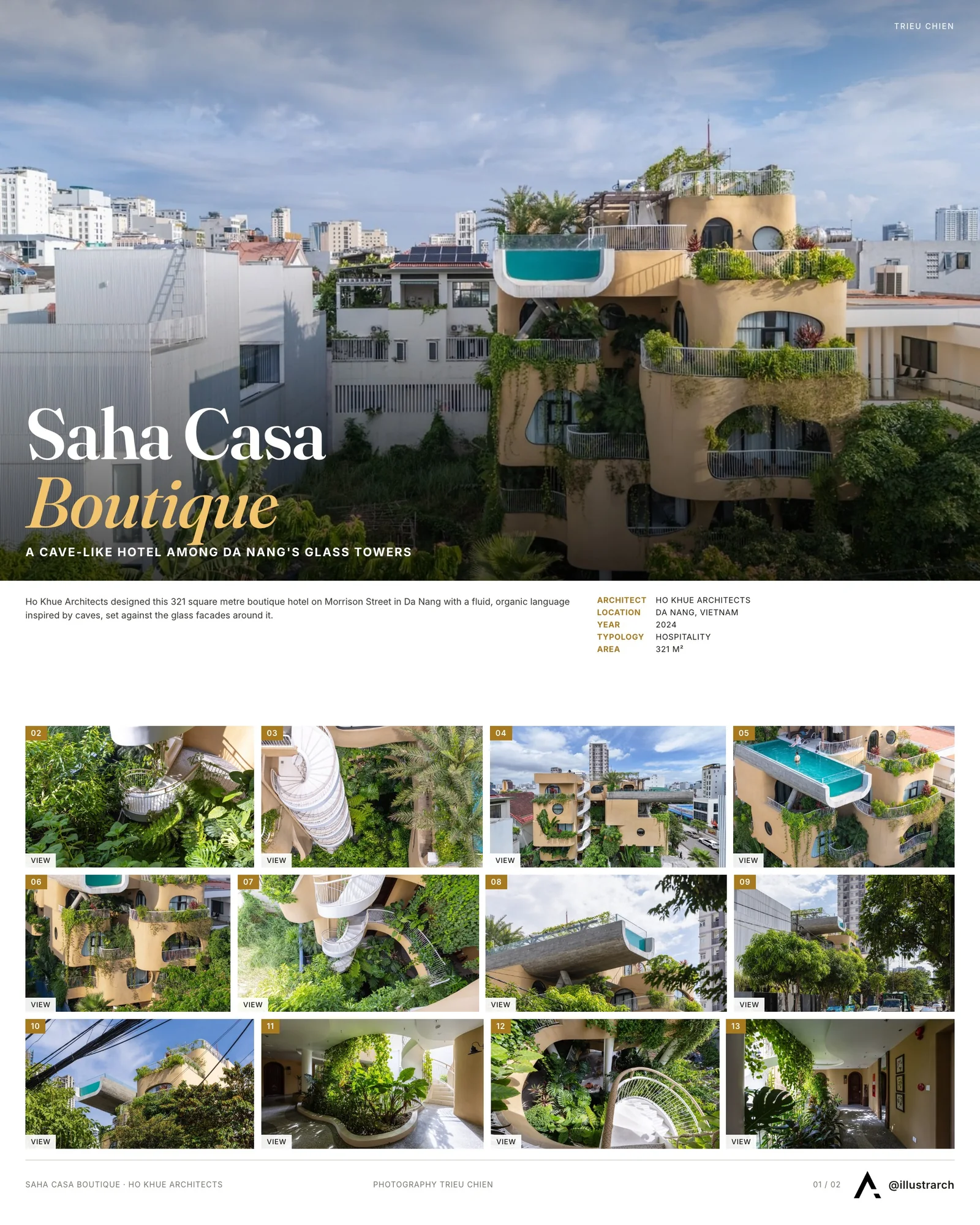 Presentation board cover for Saha Casa Boutique by Ho Khue Architects, with the lead image, project summary and a grid of photographs and drawings