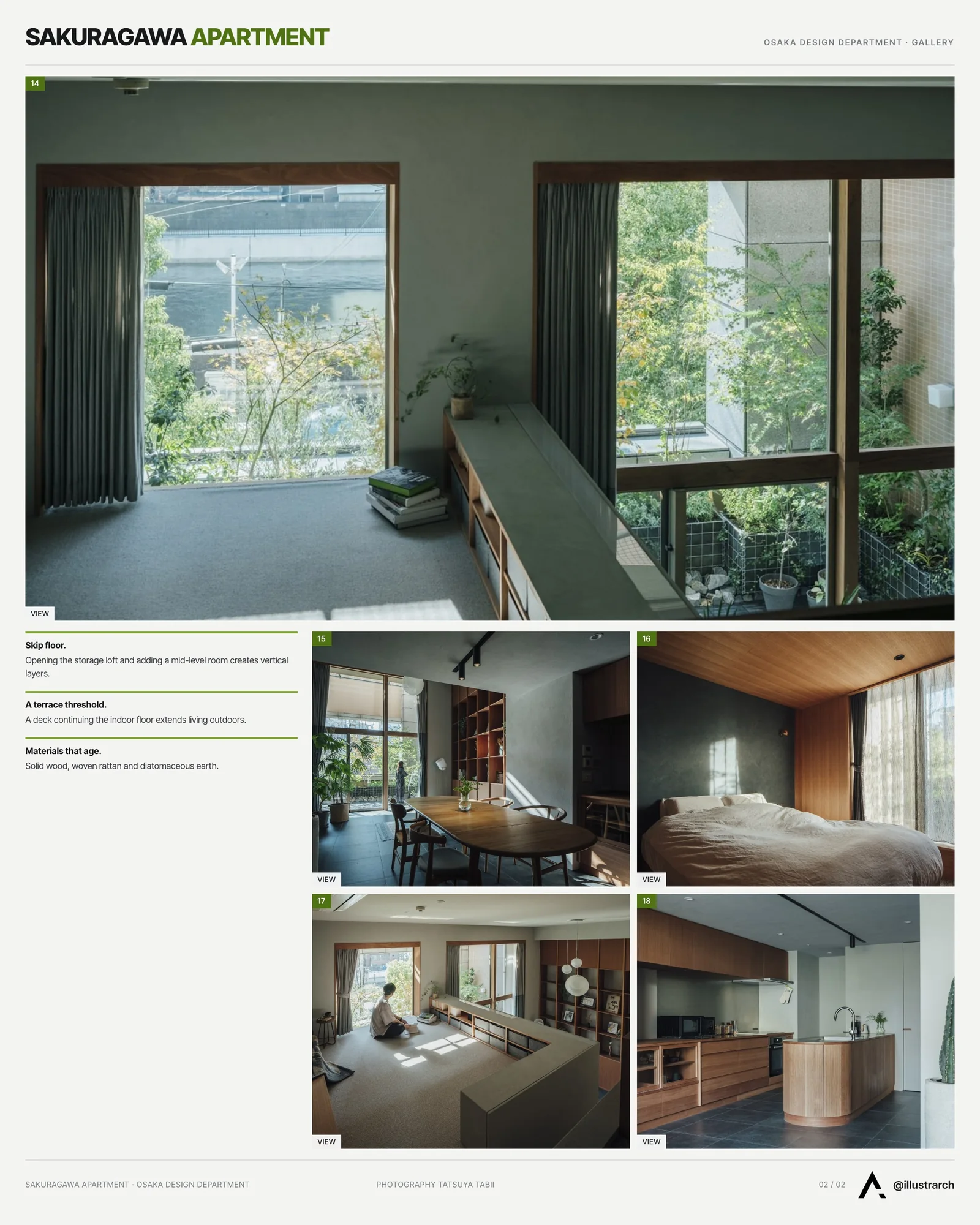 Second presentation board sheet for Sakuragawa Apartment Renovation by Osaka Design Department, laying out the project drawings and images on one page
