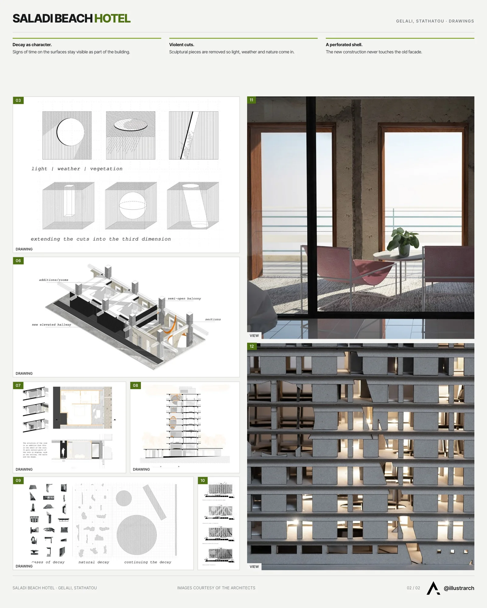 Second presentation board sheet for Saladi Beach Hotel: Transformations of the Ruin, laying out the project drawings and images on one page