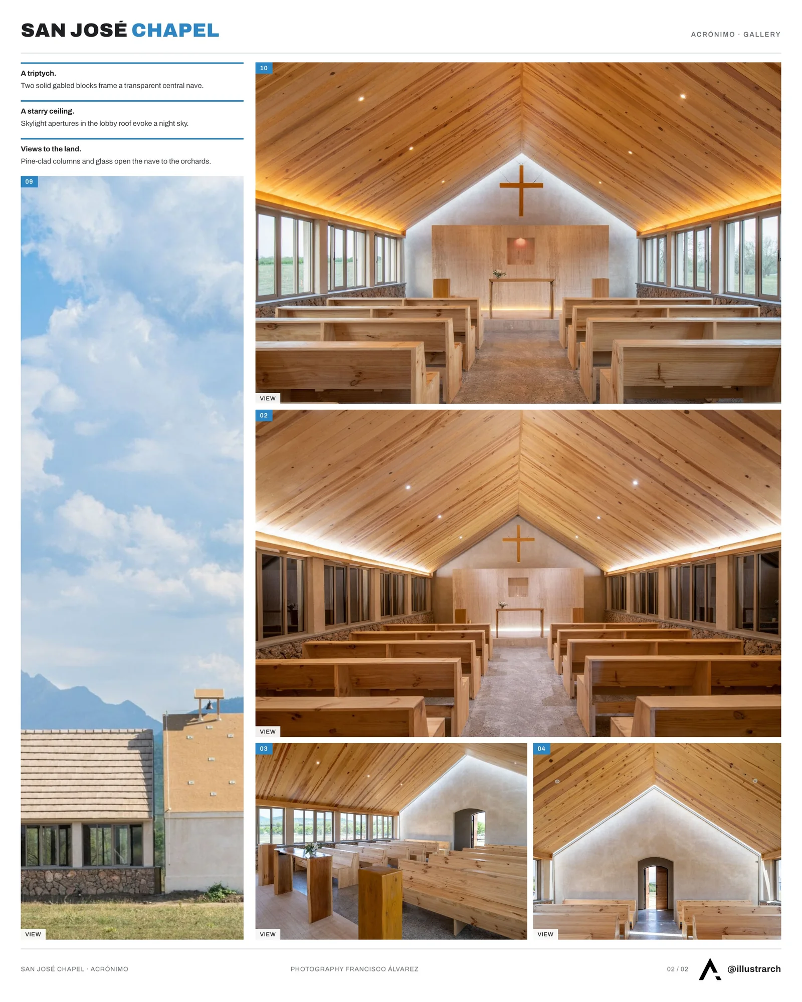 Second presentation board sheet for San José Chapel by Acrónimo, laying out the project drawings and images on one page