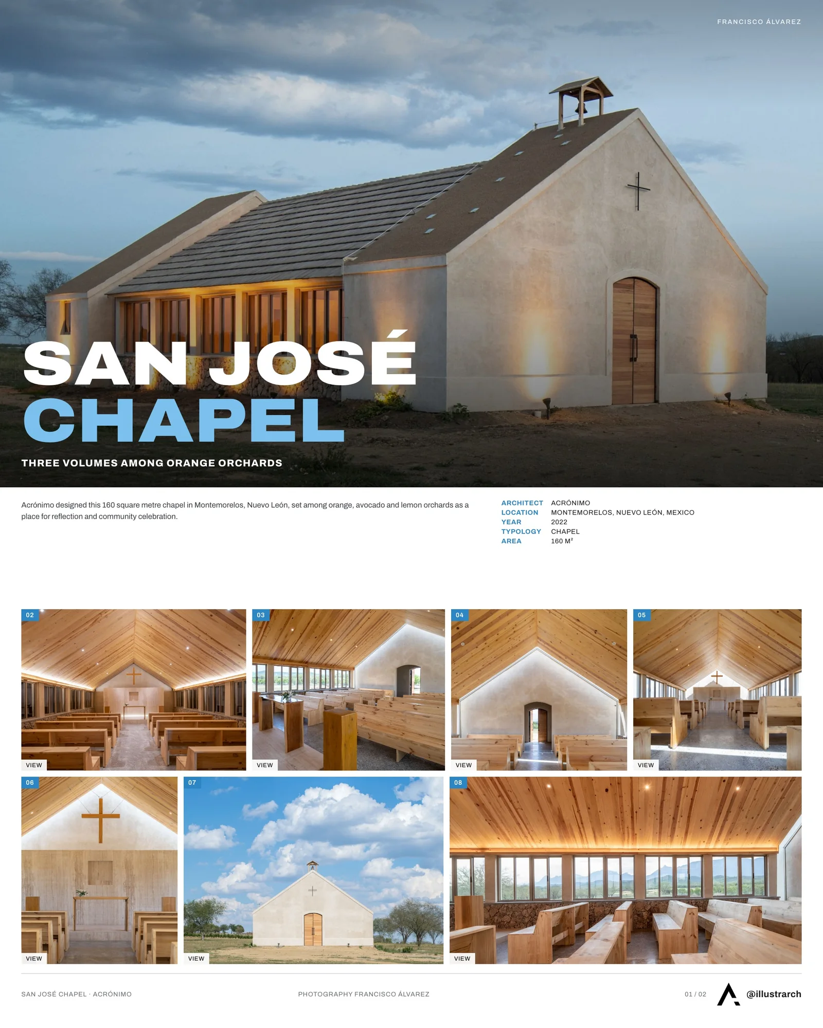 Presentation board cover for San José Chapel by Acrónimo, with the lead image, project summary and a grid of photographs and drawings