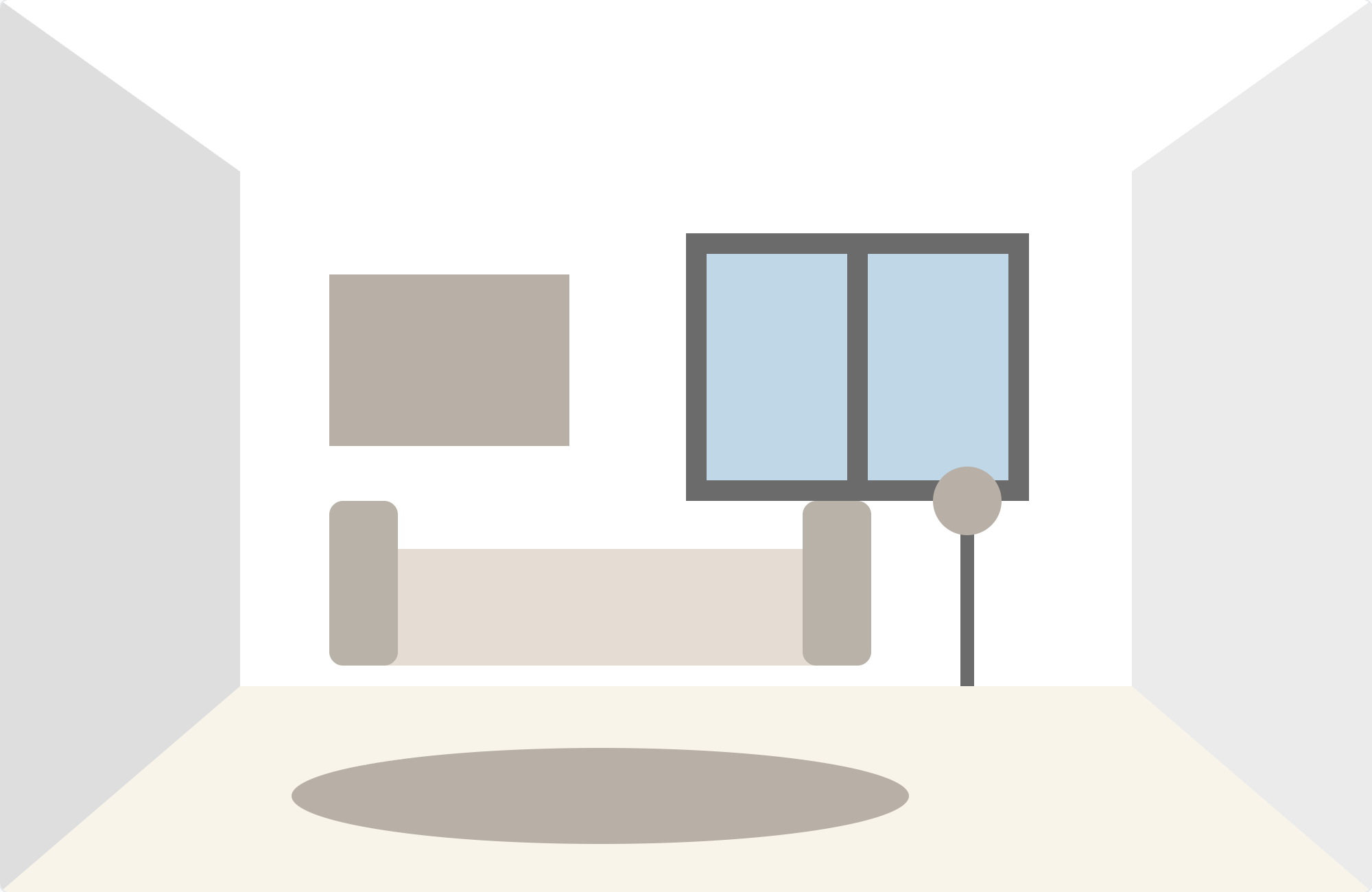 Scandinavian color palette Scandinavian Light in a living room preview: white walls, warm off-white floor, greige sofa and soft grey details