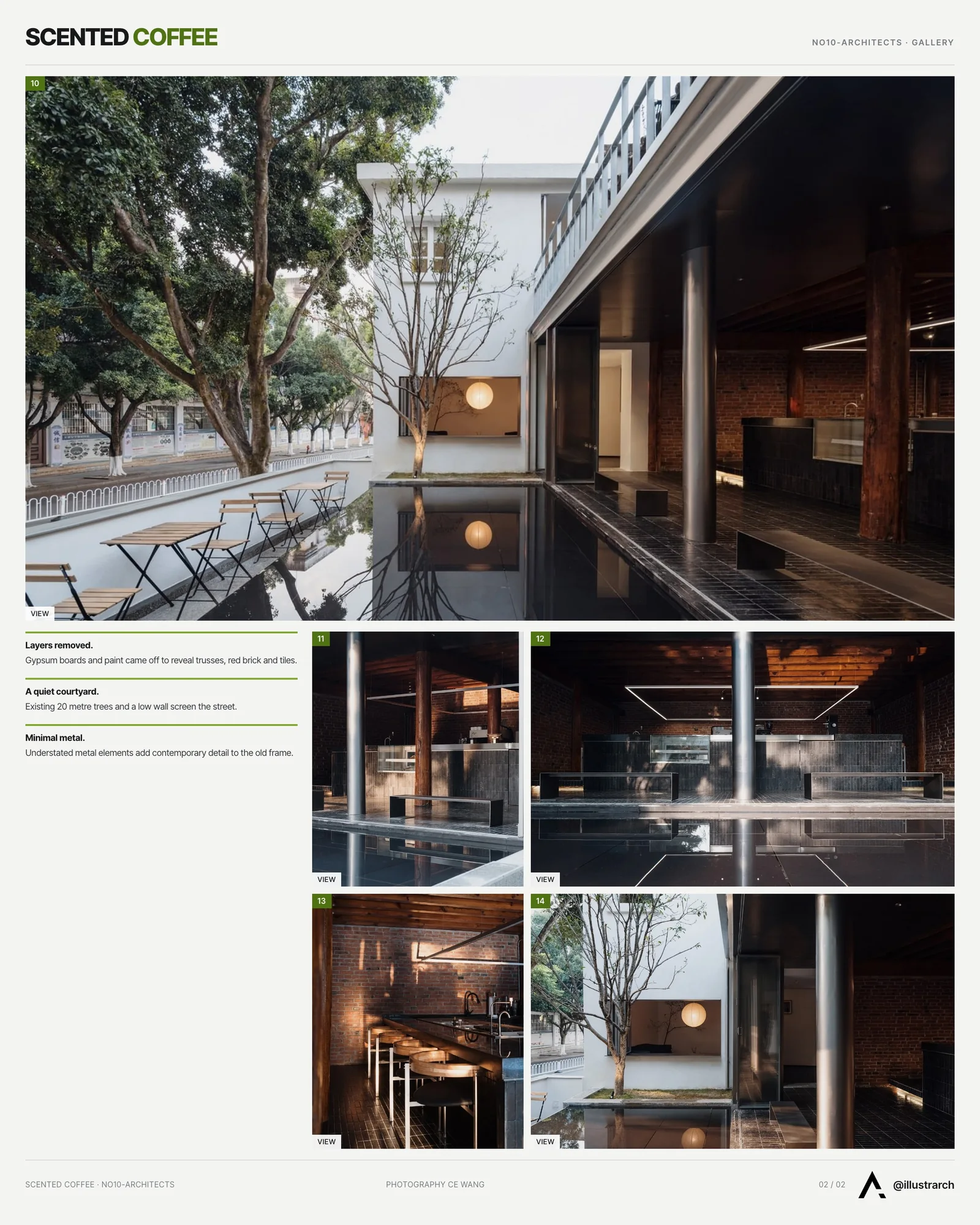 Second presentation board sheet for Scented Coffee by No10-Architects, laying out the project drawings and images on one page