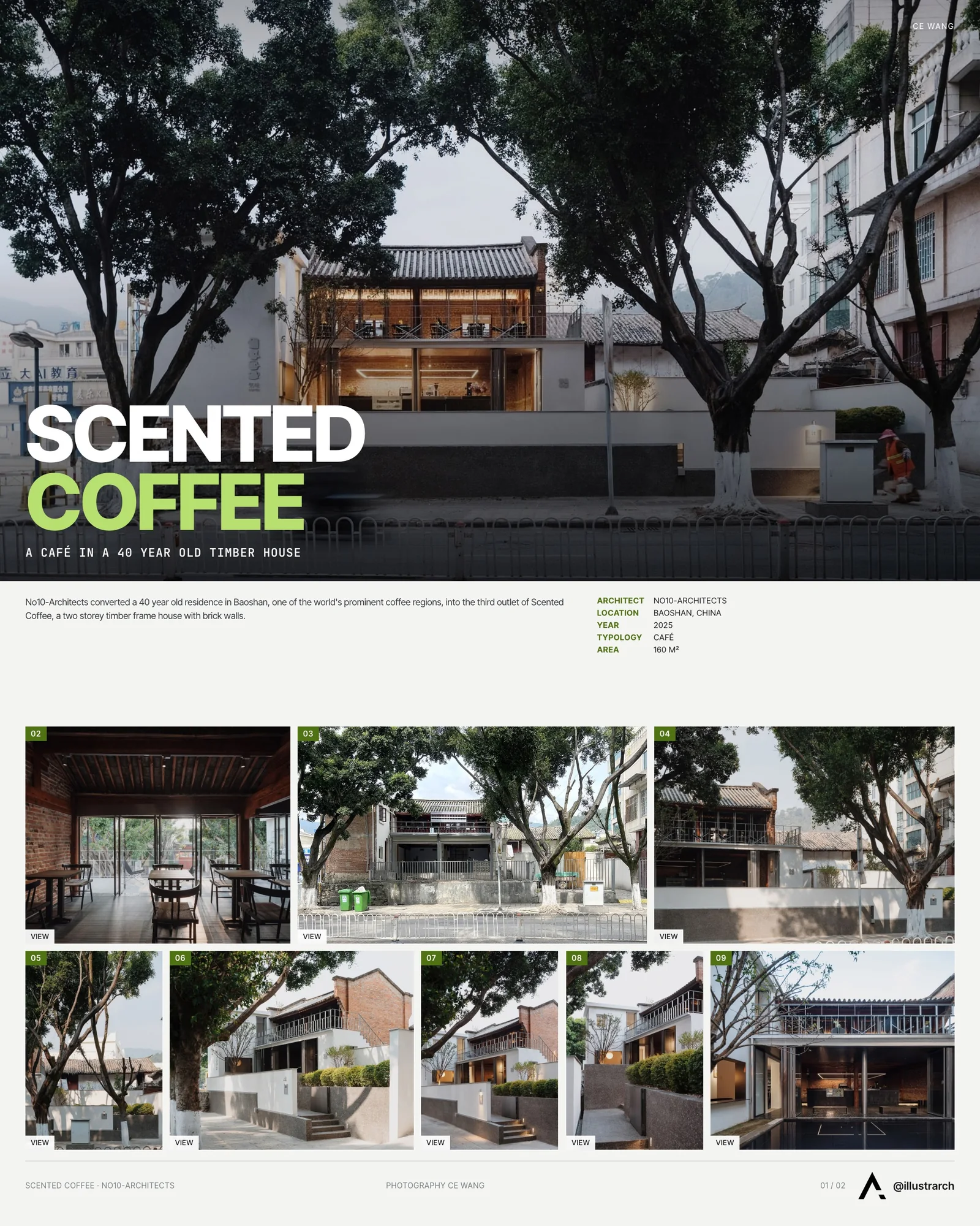 Presentation board cover for Scented Coffee by No10-Architects, with the lead image, project summary and a grid of photographs and drawings