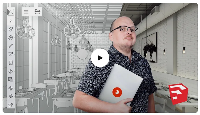 Introduction to SketchUp course cover with a restaurant interior model and the instructor