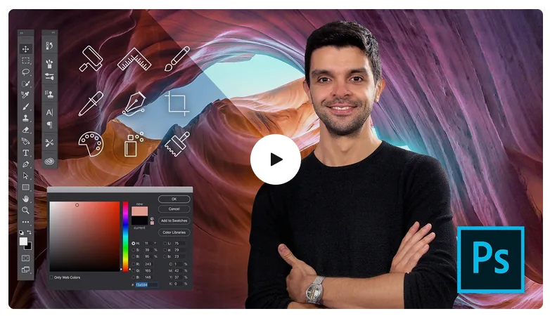 Introduction to Adobe Photoshop course cover with the instructor and Photoshop tool icons