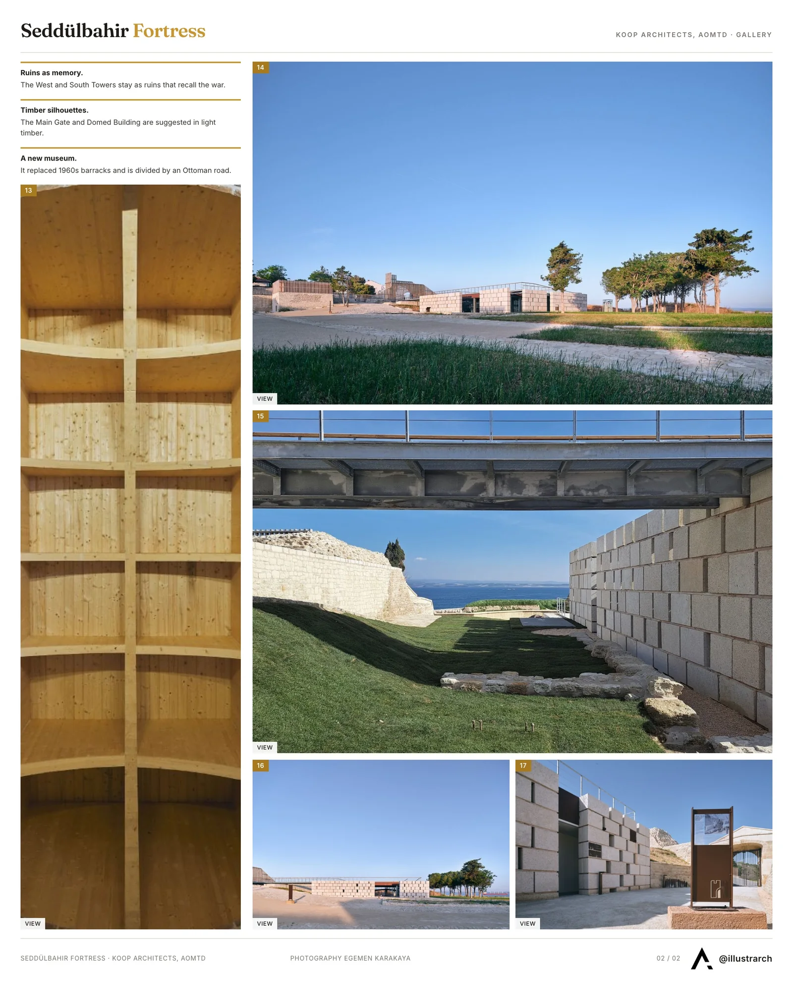 Second presentation board sheet for Seddülbahir Fortress Re-Use Project by KOOP Architects + AOMTD, laying out the project drawings and images on one page