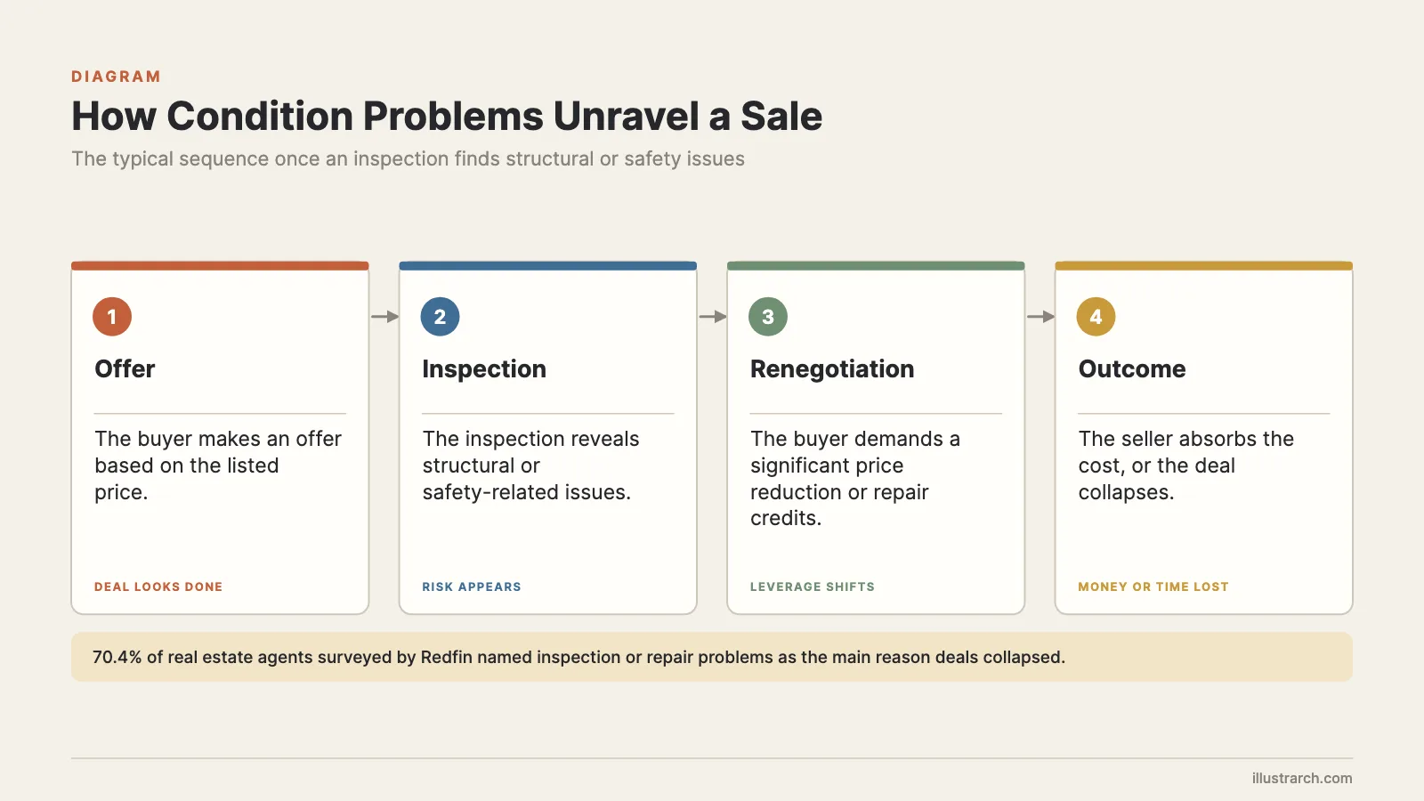 Four-step flow showing how an inspection finding turns into a price cut or a collapsed sale