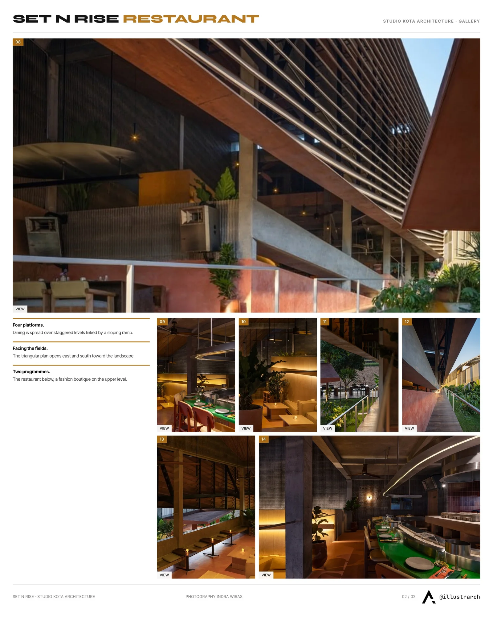 Second presentation board sheet for Set N Rise Bali Restaurant by Studio Kota Architecture, laying out the project drawings and images on one page