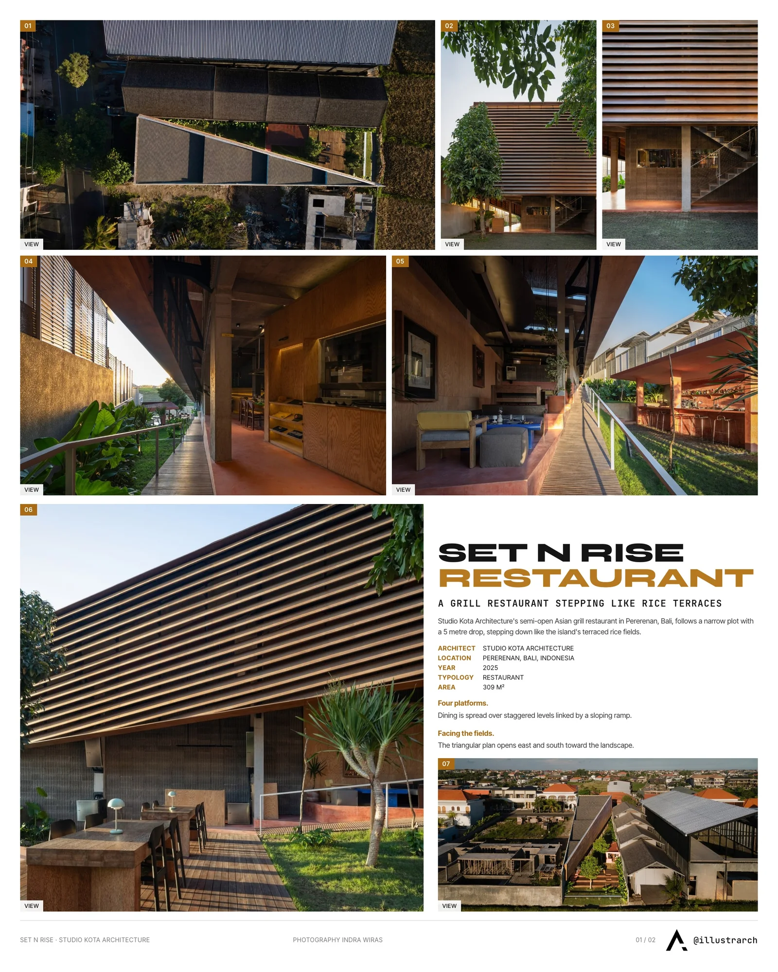 Presentation board cover for Set N Rise Bali Restaurant by Studio Kota Architecture, with the lead image, project summary and a grid of photographs and drawings